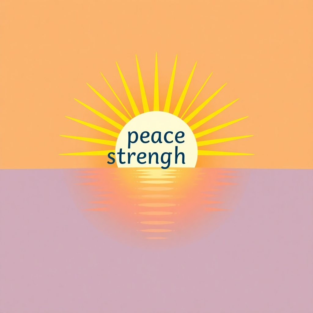 Create a stylized 4K image depicting a stylized sun rising over a calm body of water, rays of sunlight forming into the shape of positive words (like "peace," "strength," "joy").  The color palette should be warm and vibrant, with hues of orange, yellow, pink and gold. The overall style should be calming and uplifting.  The image should have a slightly painterly or impressionistic quality. Think of a blend of modern abstract art with elements of nature and symbolism.  The overall feel should be one of hope, renewal and transformation. The composition should be balanced, highlighting the positive energy radiating from the words formed by the sunlight.