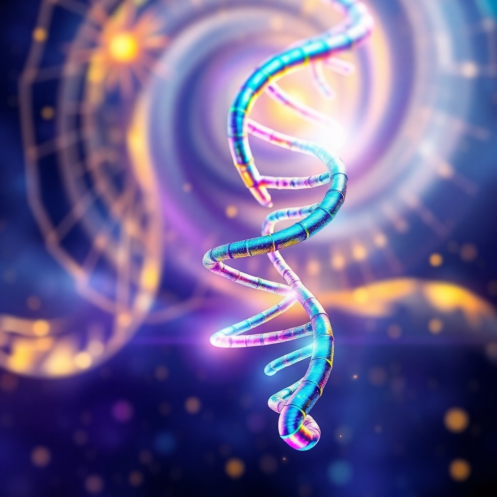 Create a stylized, abstract image of a DNA helix shimmering with iridescent colors. The helix should be set against a backdrop of swirling cosmic energy. The image should convey a sense of wonder and the unlocking of hidden potential. Color palette: vibrant blues, purples, and greens with hints of gold. Style: abstract, futuristic. Technical Specs: 4K resolution, high quality rendering, dynamic lighting.