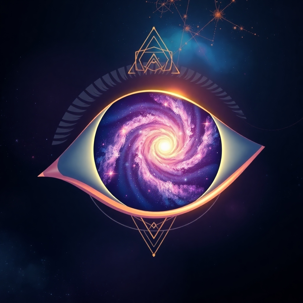 Create a stylized, high-quality 4K resolution image that represents the core mission of Unplugged Matrix. Depict a stylized eye opening, revealing a vibrant, swirling galaxy within. Emanating from the galaxy are geometric patterns and sound waves. The color palette should be rich and cosmic, featuring deep blues, purples, and golds. Lighting should be soft and ethereal, highlighting the awakening and transformation. Camera angle: a close-up shot, focusing on the intricate details within the eye and the galaxy. Texture details: subtle textures suggesting cosmic dust and energy flow. Environment: a minimalist background that emphasizes the central image. Style references: combine elements of sacred geometry, spiritual art, and astrophotography. The image should evoke a sense of wonder, discovery, and the limitless possibilities of consciousness.