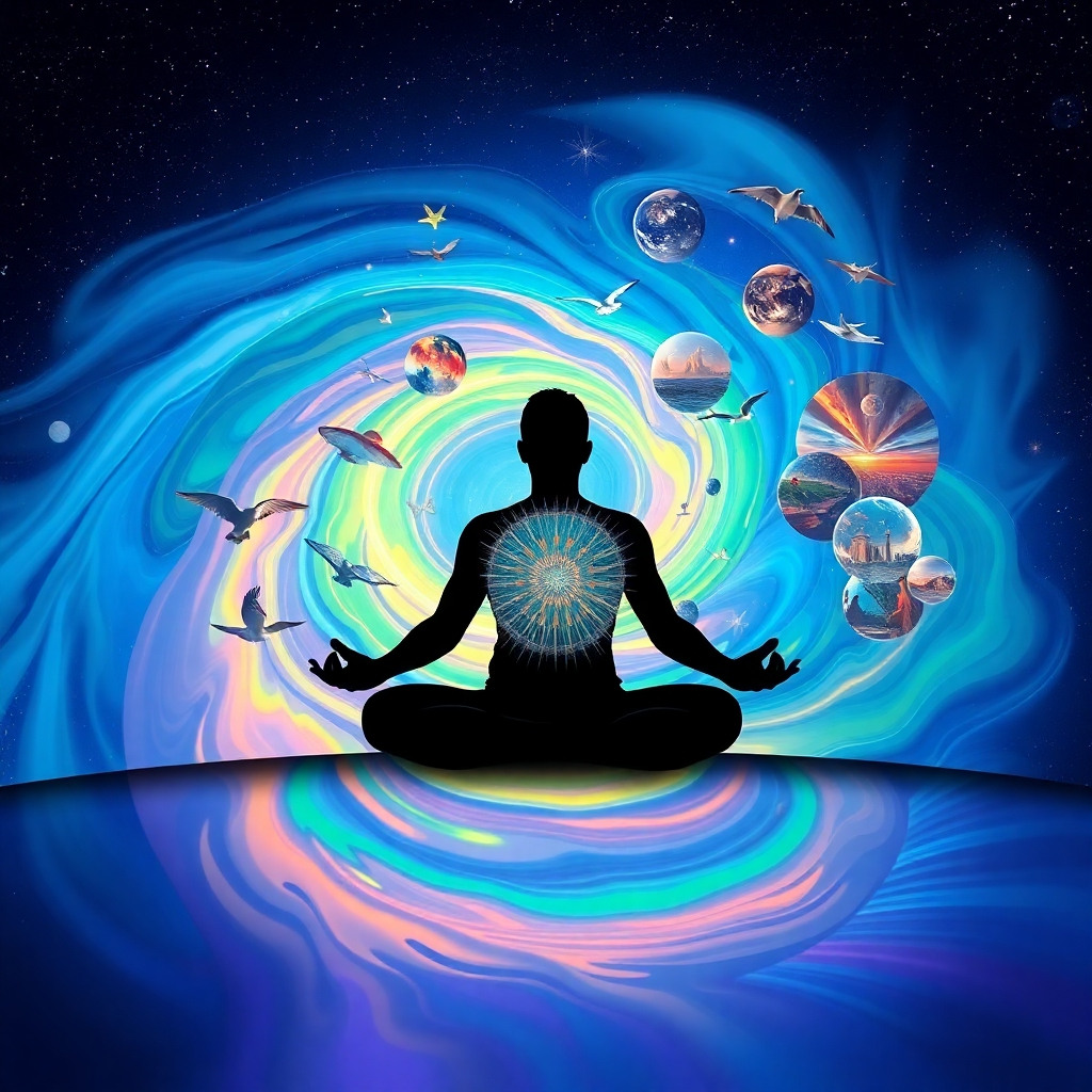 Create a stylized image depicting a person meditating, with a swirling vortex of colors and images representing their visualized desires surrounding them. The background should be a starry night sky. The color palette should include vibrant blues, greens, purples, and oranges. The camera angle should be a wide shot, capturing the person and the surrounding vortex of visualizations. Style references include psychedelic art and dreamlike imagery. Emphasize the feeling of immersion and the power of imagination. The lighting should create a sense of wonder and possibility.