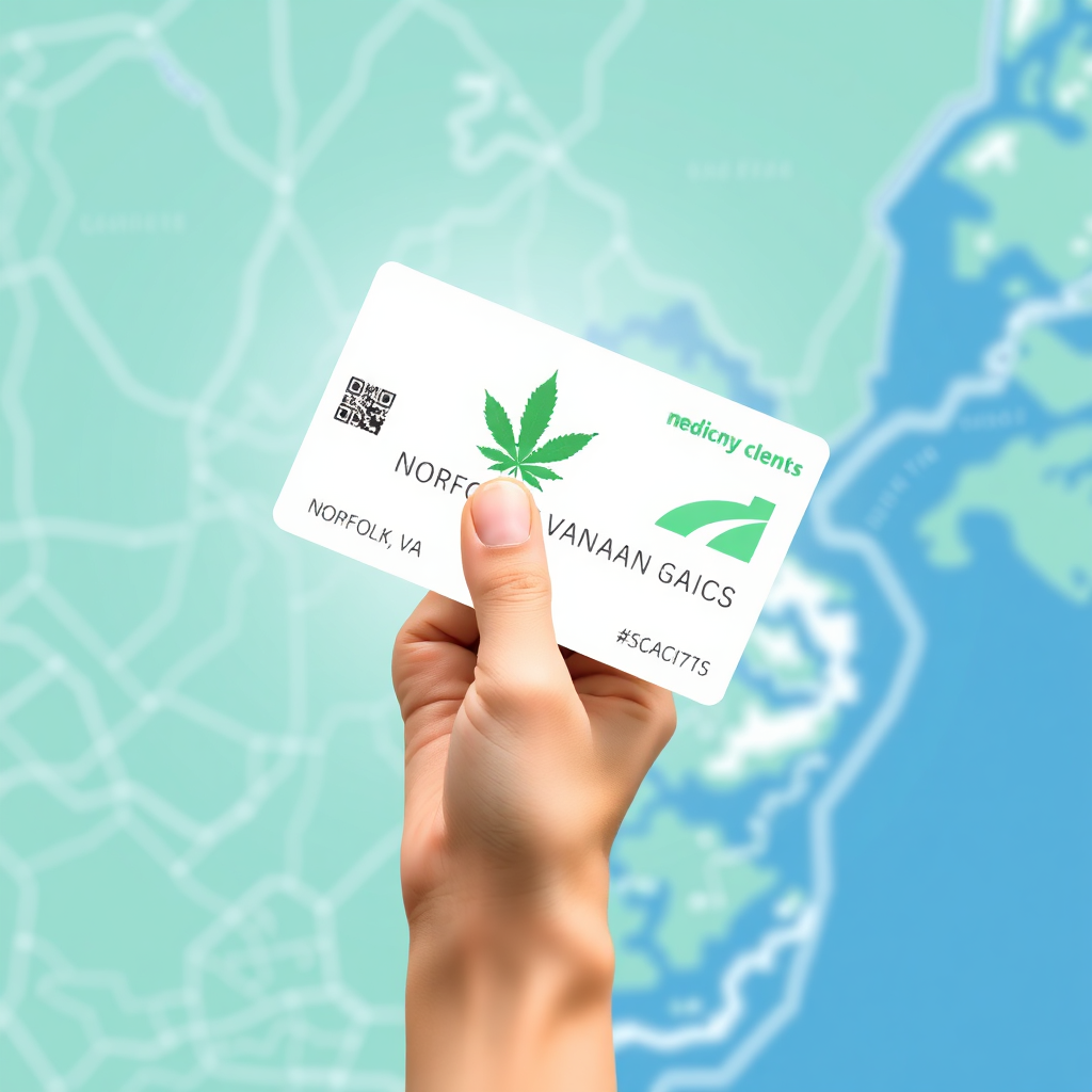 Create a stylized image depicting a hand holding a medical cannabis card over a map of Norfolk, VA. The card is brightly lit and in focus, while the map is slightly blurred in the background. The color palette is clean and modern, with shades of green, blue, and white. The style should be informative and visually appealing, similar to a travel guide cover. Reference images include travel maps and credit card advertisements. The overall feeling should be empowering and accessible.