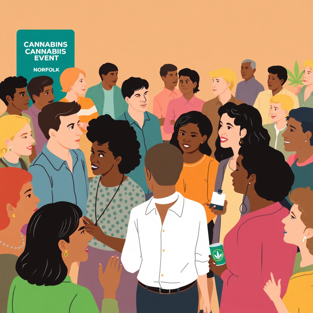 Create a stylized image depicting a diverse group of people gathered at a cannabis-related event in Norfolk. The scene should be inclusive and welcoming, with people sharing stories, learning from experts, and building connections. Use warm, inviting colors to convey a sense of community and belonging.