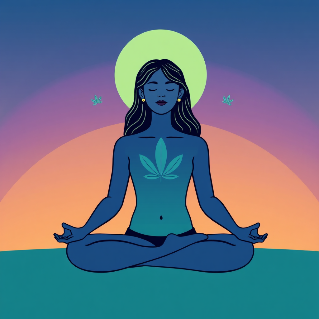 Create a stylized image depicting a person meditating peacefully, with subtle visual cues suggesting they are experiencing the effects of cannabis. The color palette should be calming and serene, using blues, greens, and purples to evoke a sense of relaxation and well-being.