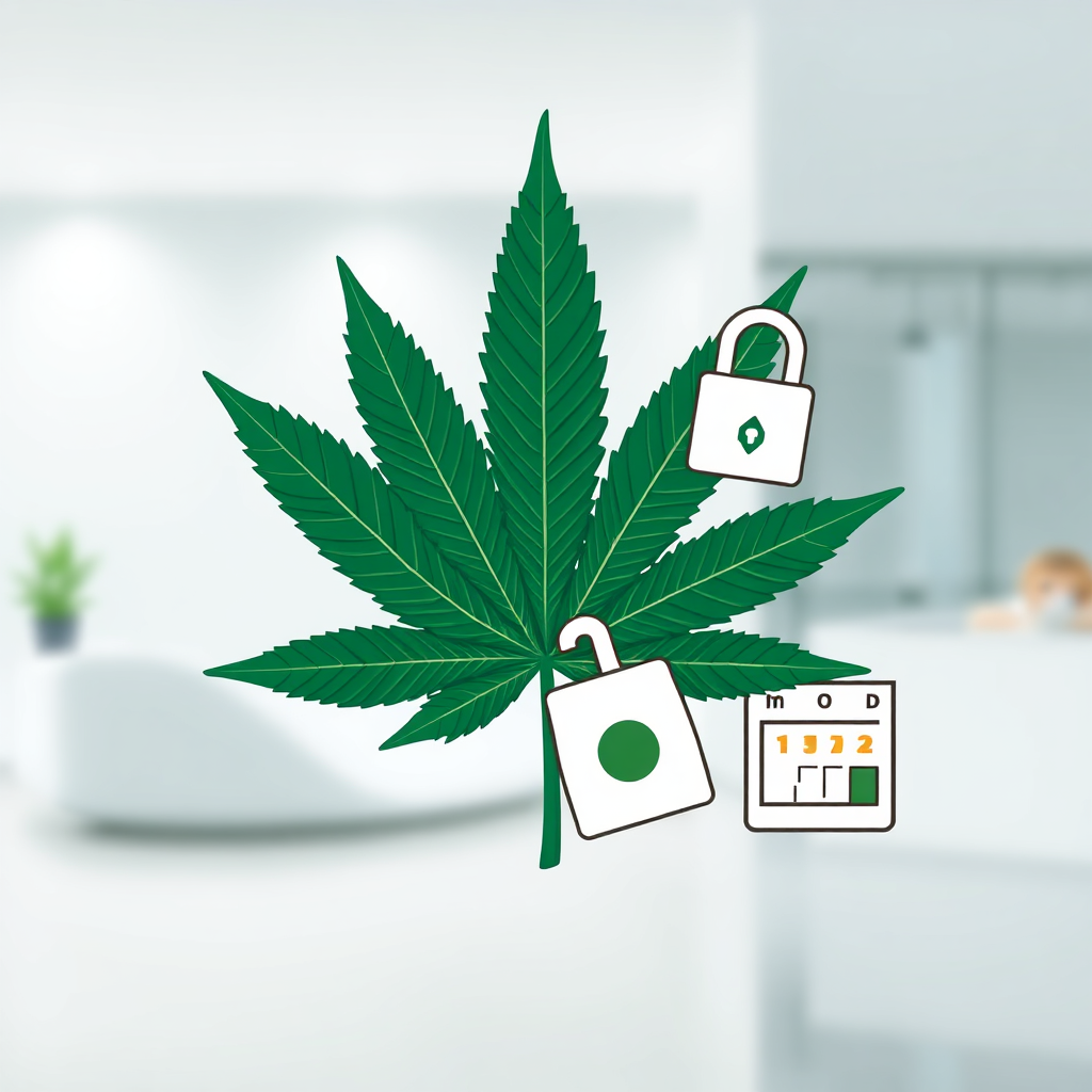 Create a stylized image depicting a cannabis leaf intertwined with symbols of responsible behavior, such as a designated driver key chain, a lock, and a calendar indicating moderation. The scene is set against a clean and modern background. Lighting should be soft and balanced. The color palette is calming and natural, with shades of green, blue, and white. The style should be modern and minimalist. The overall feeling should be responsible and positive.