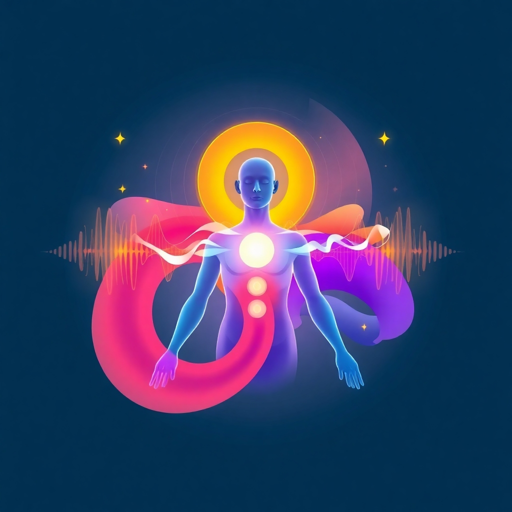 Create a stylized image depicting sound waves interacting with the human body, promoting healing and relaxation. Use vibrant colors and abstract shapes. Render in 4k.