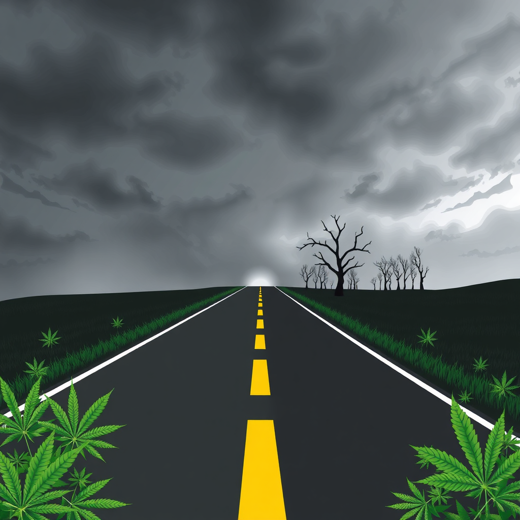 Create a stylized image depicting two roads diverging. One road is brightly lit with cannabis leaves lining the path, while the other is dark and barren, labeled 'CBD Ban.' The sky is a stormy gray. Style: Conceptual illustration. Technical specs: High quality, detailed rendering.
