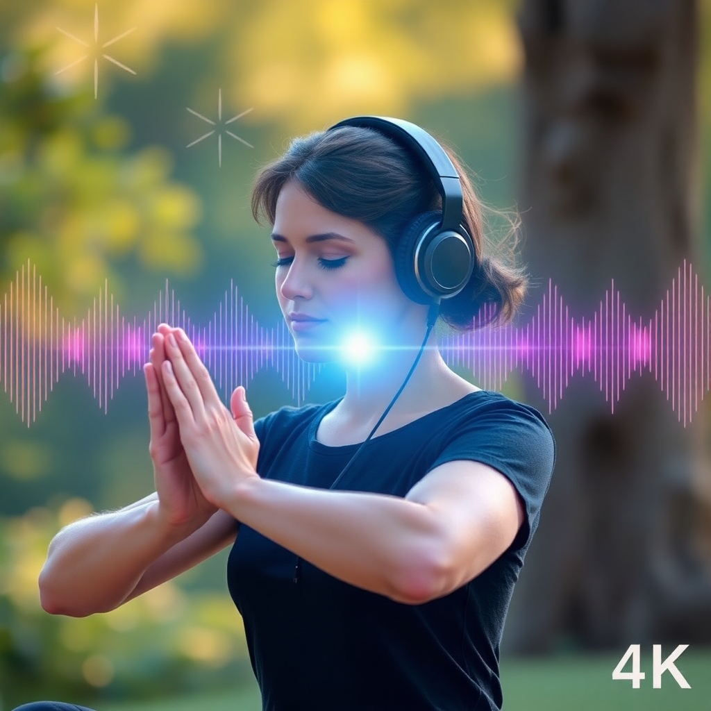 Create a stylized image depicting a person listening to healing frequencies through headphones while engaging in a healthy activity like yoga or meditation. The frequencies should be represented as subtle waves of light and color emanating from the headphones. The background should be a serene outdoor setting. Render in 4K resolution.
