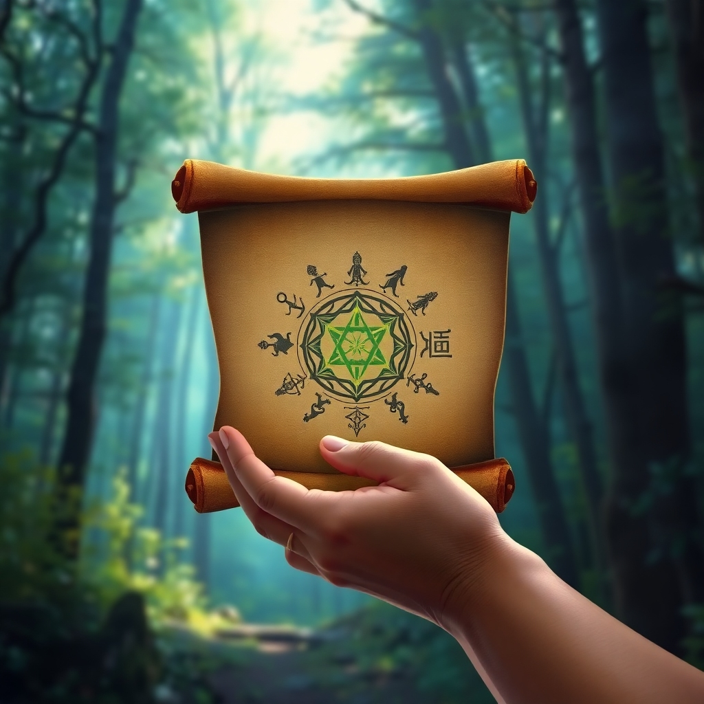 Create a stylized image depicting a hand holding an ancient scroll, with symbols of various spiritual traditions radiating from it. The background should be a mystical forest bathed in ethereal light. The color palette should include deep greens, blues, and purples. The camera angle should be a medium shot, focusing on the scroll and the radiating symbols. Style references include ancient artwork and fantasy illustrations. Emphasize the textures of the scroll and the mystical atmosphere of the forest. The lighting should create a sense of mystery and enlightenment.