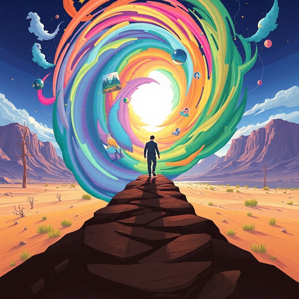 Create a stylized image depicting a person stepping through a portal into a new reality. The portal should be swirling with colors and images representing different timelines. The background should be a contrasting landscape, transitioning from barren to lush. The color palette should be vibrant and dynamic. The camera angle should be a wide shot, capturing the entire portal and the transition. Style references include fantasy art and science fiction illustrations. Emphasize the feeling of possibility and transformation.