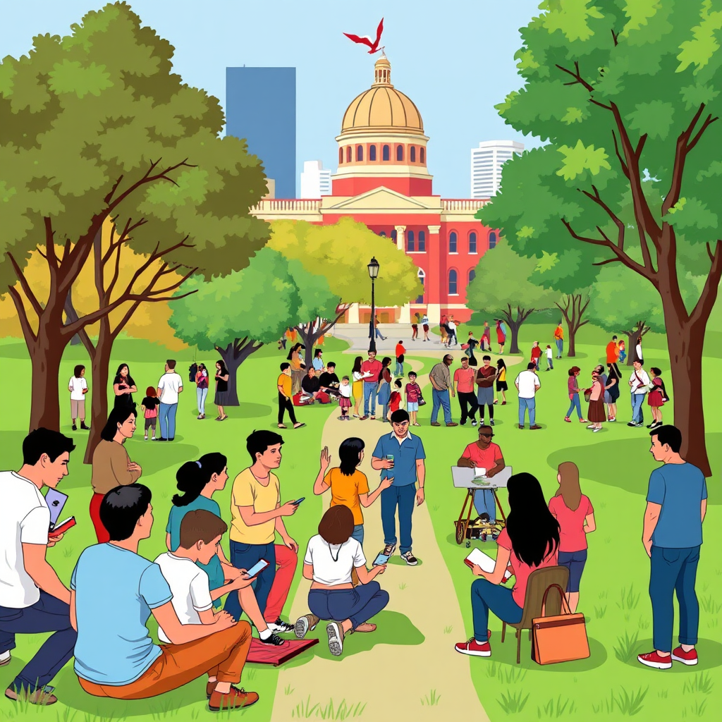 Create a stylized image depicting a community gathering in a park in Norfolk. The scene should be vibrant and inclusive, with people of all ages and backgrounds participating in discussions and activities related to cannabis education and advocacy. Use bright, cheerful colors to convey a sense of community and support.