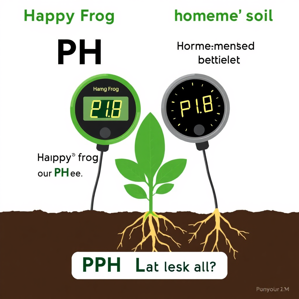 Create a stylized image illustrating the pH levels of Happy Frog and homemade soil. Use a split-screen design. On the Happy Frog side, show a stable pH meter reading within the ideal range for cannabis (6.0-7.0), with a visual representation of healthy nutrient uptake by roots. On the homemade side, depict a fluctuating pH meter reading, with a visual representation of nutrient lockout or deficiency. Use contrasting colors to highlight the difference. The background should be a simple, neutral surface. Camera angle: close-up, focusing on the pH meters and root systems. Style reference: Science infographic.