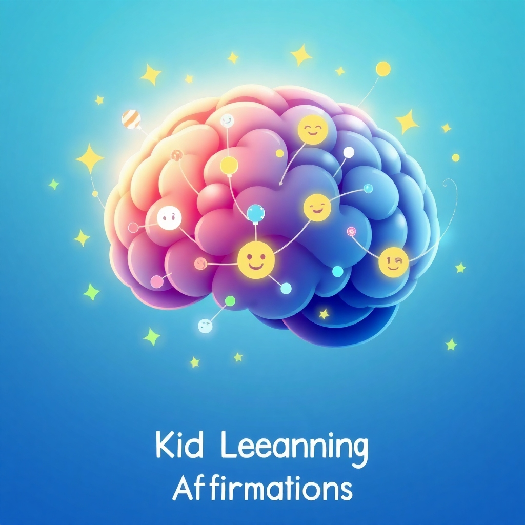 Create a stylized image in 4K resolution that visually represents the core concept of 'Kid Learning Affirmations'. Depict a stylized brain with interconnected nodes representing different skills and abilities being activated. Gentle waves of 528Hz frequency visually flow through the brain, enhancing these connections. Include subtle imagery representing learning, growth, and positive emotions (e.g., stars, blooming flowers, happy faces). The color palette should be vibrant and uplifting, with shades of blue, green, and yellow. The style should be modern and appealing to both children and adults. The overall composition should convey a sense of positive transformation and empowerment. A soft, glowing light should emanate from the brain, symbolizing the potential within each child. The background is clean and uncluttered, allowing the focus to remain on the brain and its transformation.