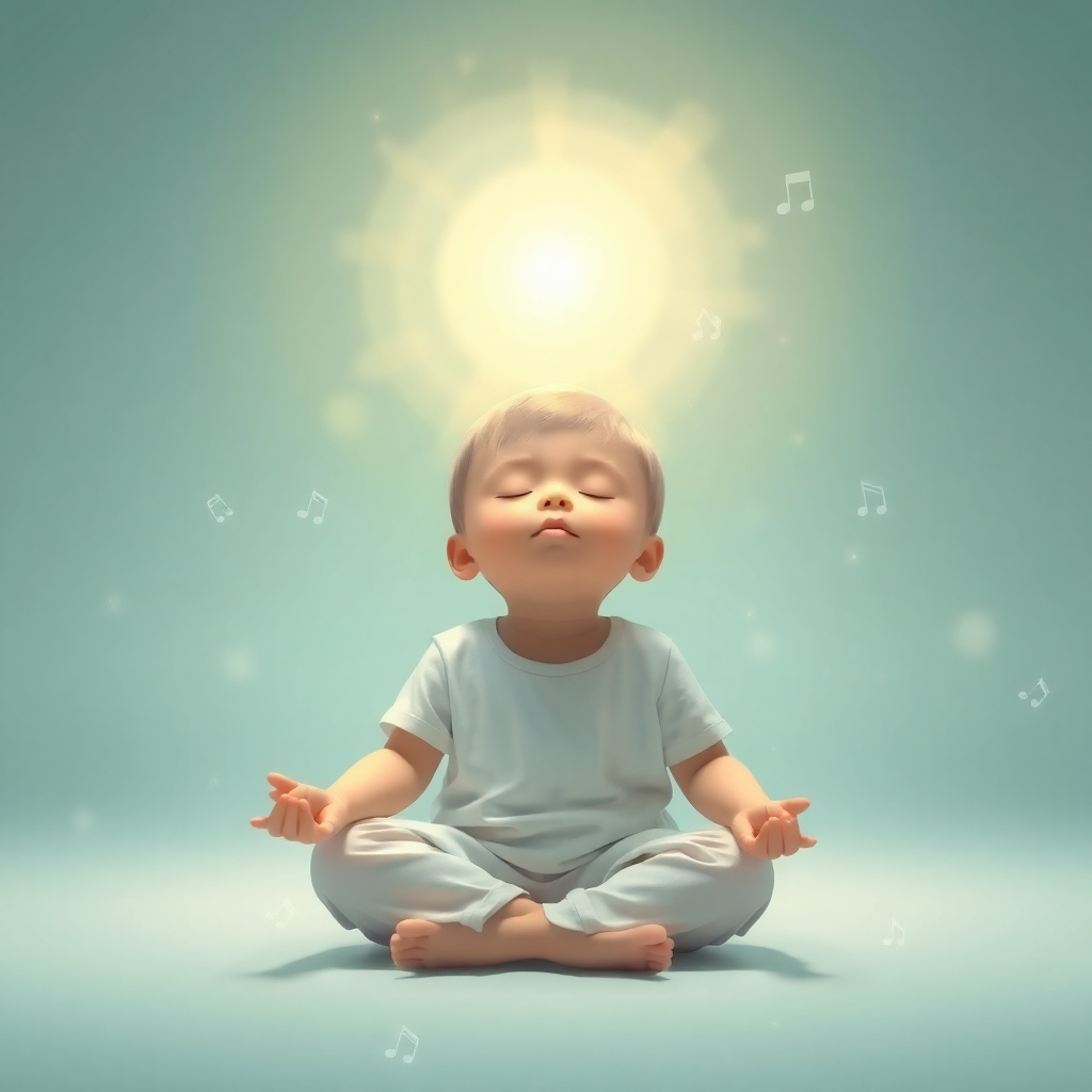 Create a stylized image of a child meditating peacefully.  Surrounding them is a calm, ethereal glow. Soft 777 Hz angelic music flows around them. The color palette is serene, utilizing light blues and greens. The camera angle is soft and comforting. The image should exude tranquility and serenity.