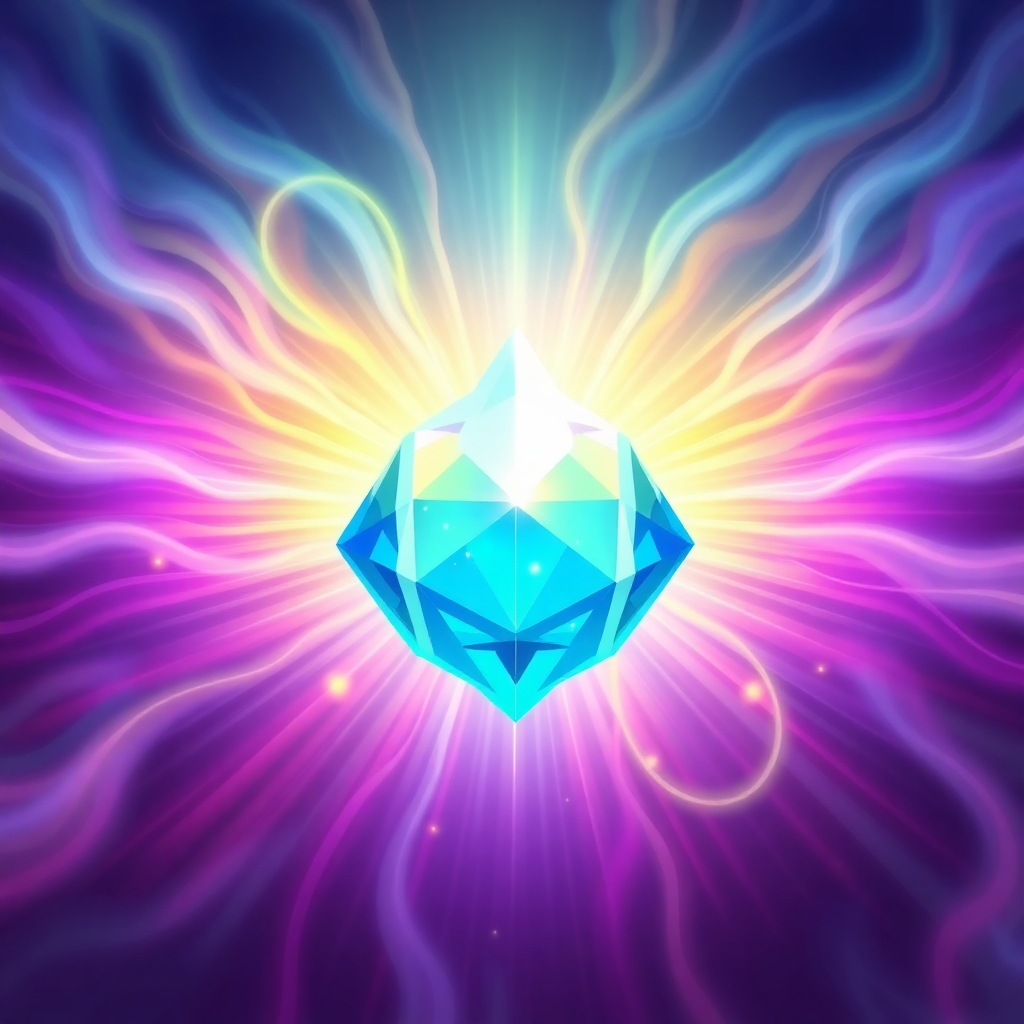 Create a stylized image of a glowing gem or crystal radiating light outwards, symbolizing the unleashing of inner power. The gem should be surrounded by swirling energy. The color palette should be vibrant and uplifting. Style reference: fantasy realism. Technical specs: High quality rendering.