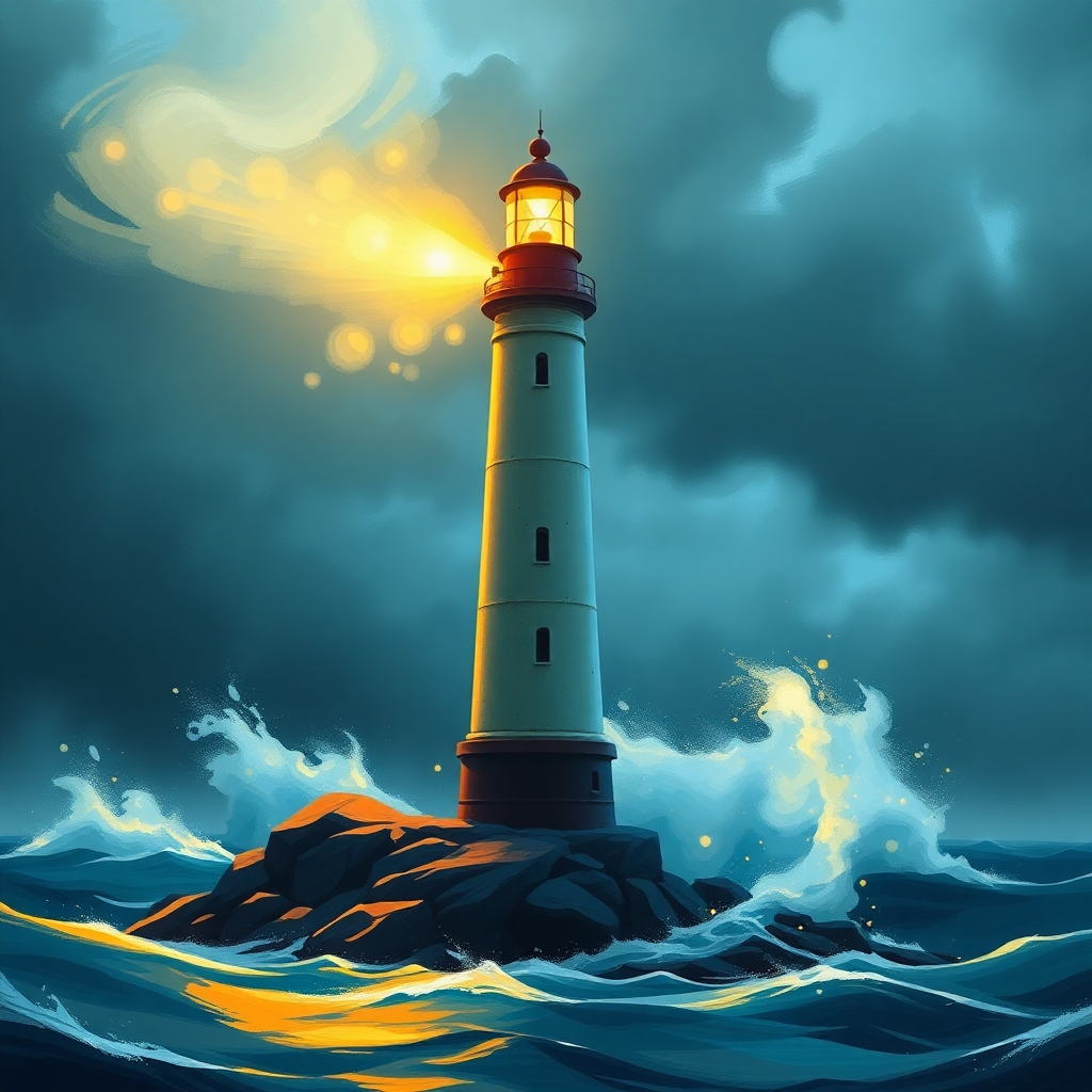 Create a stylized image of a lighthouse standing tall against a stormy sea. The lighthouse emits a bright, warm light, symbolizing hope and guidance. The sea is turbulent, representing the challenges of life, but the lighthouse remains steadfast. Digital painting, dramatic lighting, high resolution.