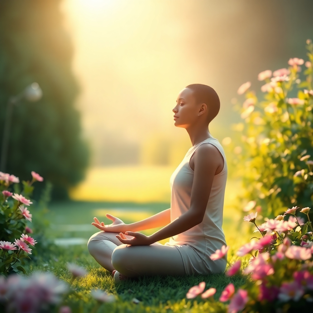 Create a stylized image of a person meditating in a peaceful garden. The person is surrounded by blooming flowers and lush greenery. Soft, warm light illuminates the scene, creating a sense of serenity and tranquility. The background is blurred, emphasizing the person's inner peace. Digital art, soft colors, high resolution.