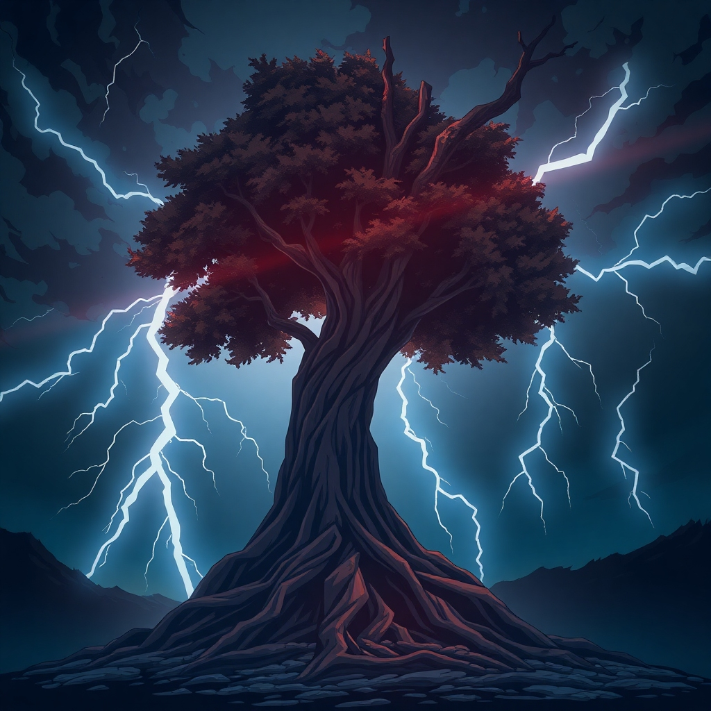 Create a stylized image of a strong tree standing tall against a powerful storm. The tree's roots are deep and visible, symbolizing resilience. The lighting should convey both the drama of the storm and the unwavering strength of the tree. The color palette should be dark and moody, with flashes of lightning illuminating the scene. Style reference: graphic novel, resilience symbolism. Technical specs: High quality rendering.
