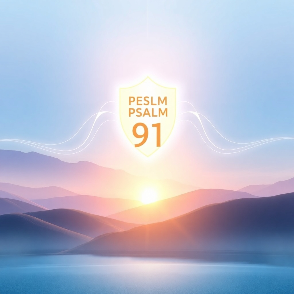 Create a stylized image representing the essence of Psalm 91 affirmations paired with 777Hz frequency music. The scene depicts a stylized, glowing shield emanating from a central point, protecting a tranquil landscape below. The landscape should feature rolling hills, a serene lake, and a radiant sunrise. Subtle sound waves, visualized as flowing ribbons of light, emanate from the shield, bathing the landscape in a calming glow. The color palette consists of soft pastels, including blues, purples, and golds, evoking a sense of peace and tranquility. The camera angle is a wide shot, capturing the entire scene and emphasizing the feeling of expansive protection. Style: Stylized, ethereal, and calming. Technical specs: 4K resolution, high quality.