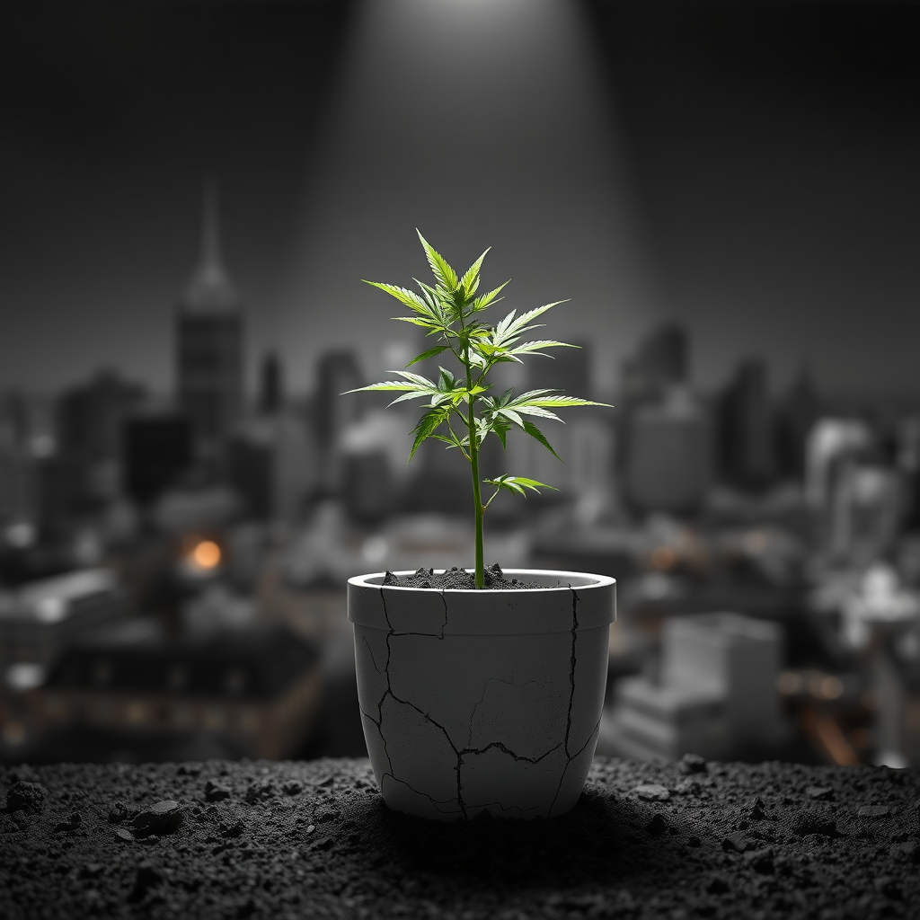 Create a stylized image representing the quiet ban on CBD in Norfolk. The central element is a single, wilting hemp plant in a cracked pot. The background is a blurred cityscape of Norfolk, subtly fading into darkness. A single spotlight shines on the plant, highlighting its fragile state. The color palette is dominated by grayscale tones, with a faint green tinge in the plant's leaves. The camera angle is a close-up, emphasizing the texture of the soil and the cracks in the pot. Style: A blend of realism and symbolic representation, similar to a poignant editorial illustration. Technical specs: 4K resolution, high quality rendering.
