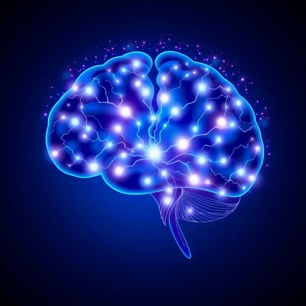 Create a stylized image representing the subconscious mind. Depict a vast, interconnected network of glowing neural pathways within a stylized brain. The pathways should represent thoughts and beliefs being reprogrammed with positive energy. The color palette should be deep blues and purples with glowing accents.