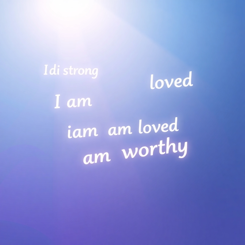 Create a stylized image representing the power of affirmations. Visualize words of affirmation, such as 'I am strong,' 'I am loved,' and 'I am worthy,' floating gently in the air, illuminated by a soft, ethereal light. The background is a calming gradient of blue and purple, evoking a sense of peace and tranquility. Digital art, soft colors, high resolution.