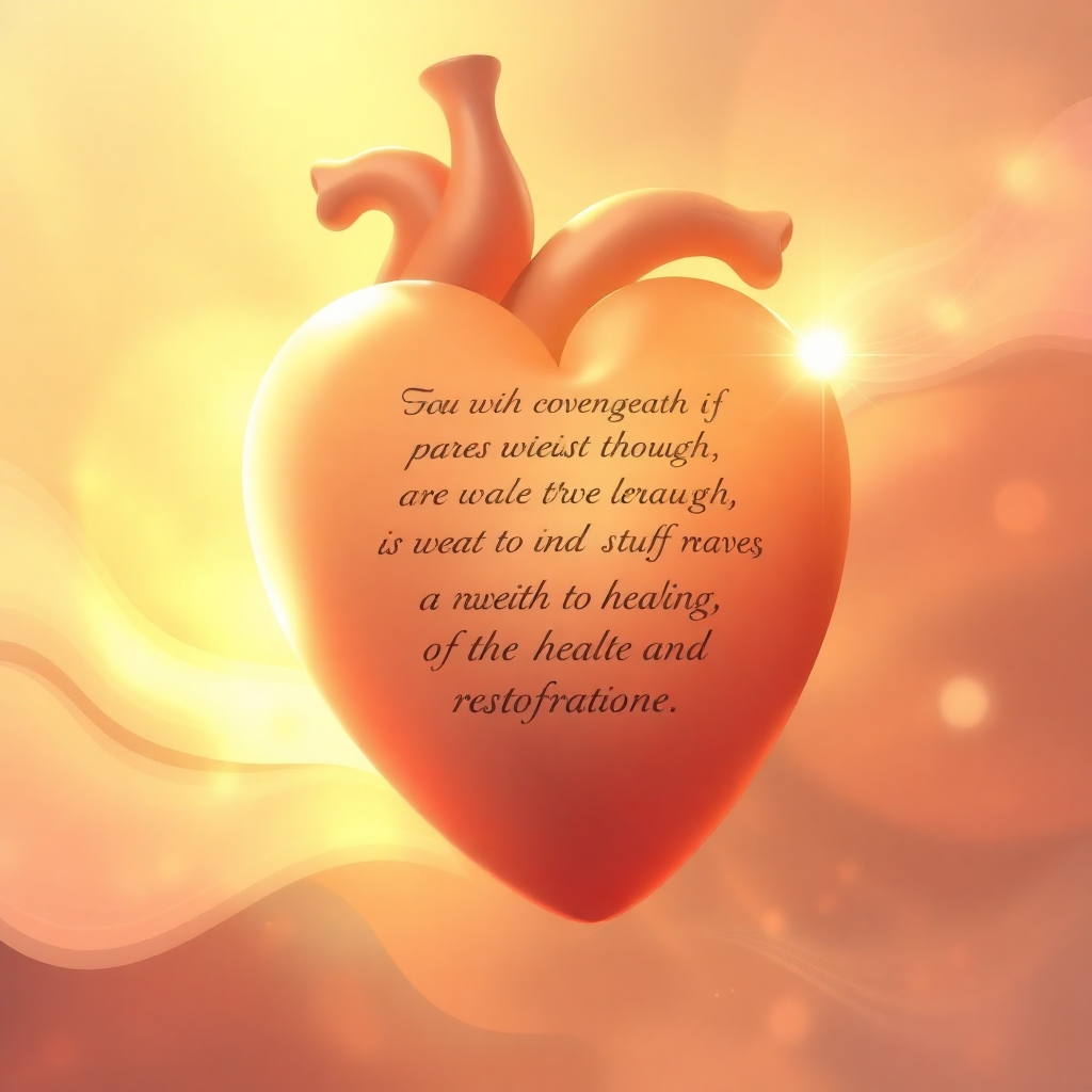 Create a stylized image representing the essence of finding peace through faith. The scene features a stylized representation of a human heart, bathed in soft, golden light. Within the heart, depict subtle imagery of Psalm verses written in elegant calligraphy, interwoven with gentle 777Hz frequency waves visualized as flowing light. Around the heart, show abstract representations of healing and restoration, using soft, pastel colors. The image should evoke feelings of serenity, hope, and spiritual comfort. 4K resolution, high quality, digitally painted style.