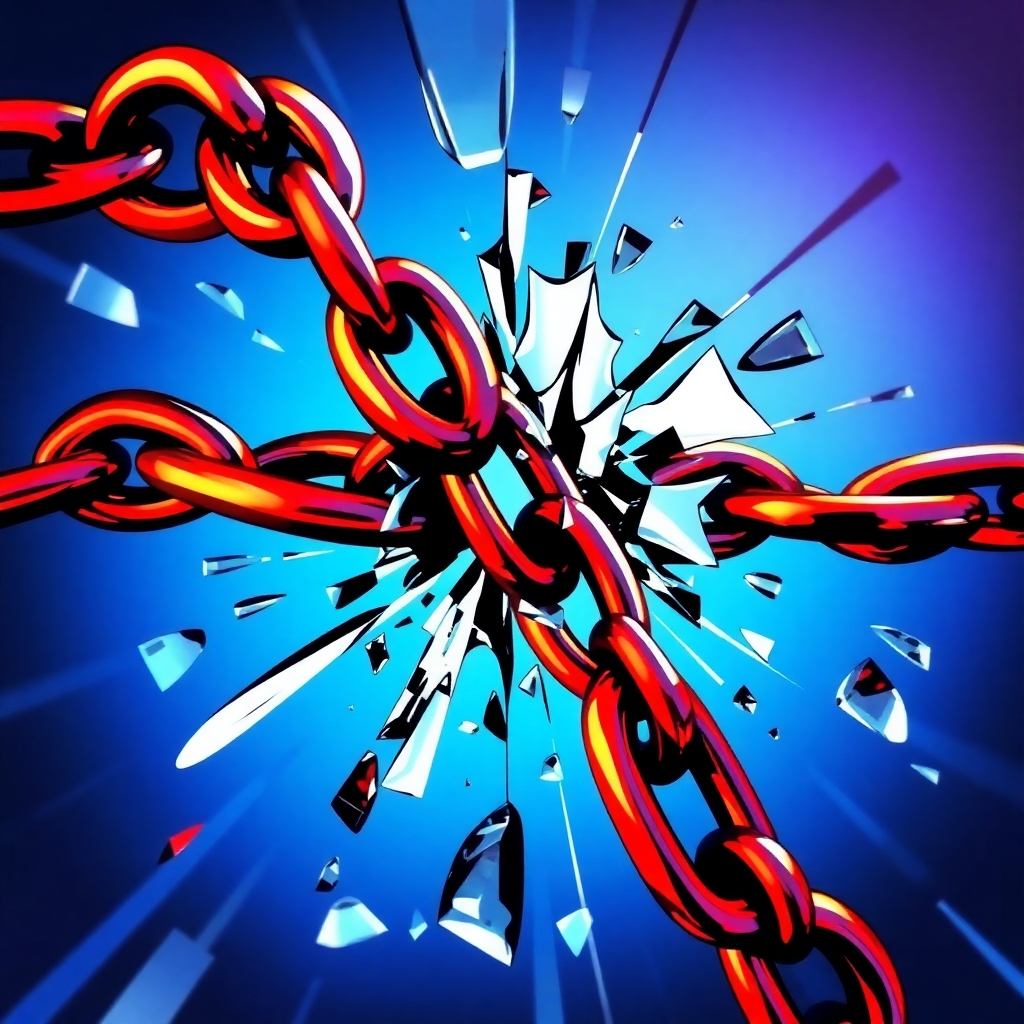 Create a stylized image representing the breaking of chains or the shattering of glass, symbolizing the breaking of negative thought patterns. The image should be dynamic and visually striking, with bright colors and sharp angles. Style reference: abstract expressionism, breaking barriers. Technical specs: High quality rendering.