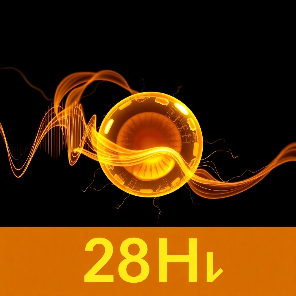 Create a stylized image representing the 528Hz frequency. Depict abstract sound waves visualized as golden energy flowing through and revitalizing a human cell. The background should be dark and contrasting, emphasizing the vibrant energy of the frequency. Focus on the intricate details of the cell structure and the flow of energy.