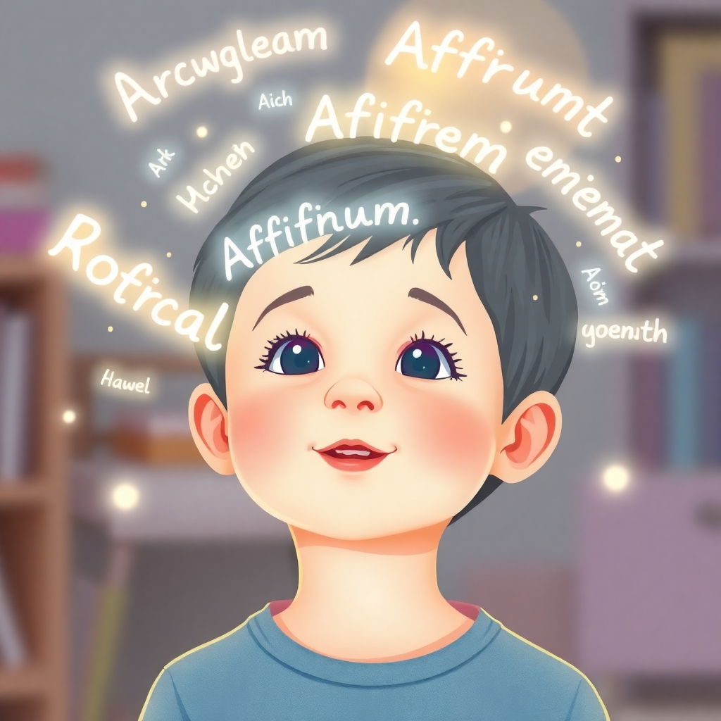 Create a stylized image representing the essence of positive affirmations shaping young minds. Visualize a young child surrounded by glowing words of affirmation that float and gently merge into the child's head. Use pastel colors and soft, diffuse lighting to create a sense of calm and positivity. The child should be looking forward with a bright, hopeful expression. The background should be minimalistic, perhaps a blurred representation of a learning environment. Consider adding subtle graphical elements representing brain activity or growth. The style should be similar to a modern children's book illustration, with a focus on conveying a sense of wonder and empowerment. Aim for 4K resolution and high-quality rendering.