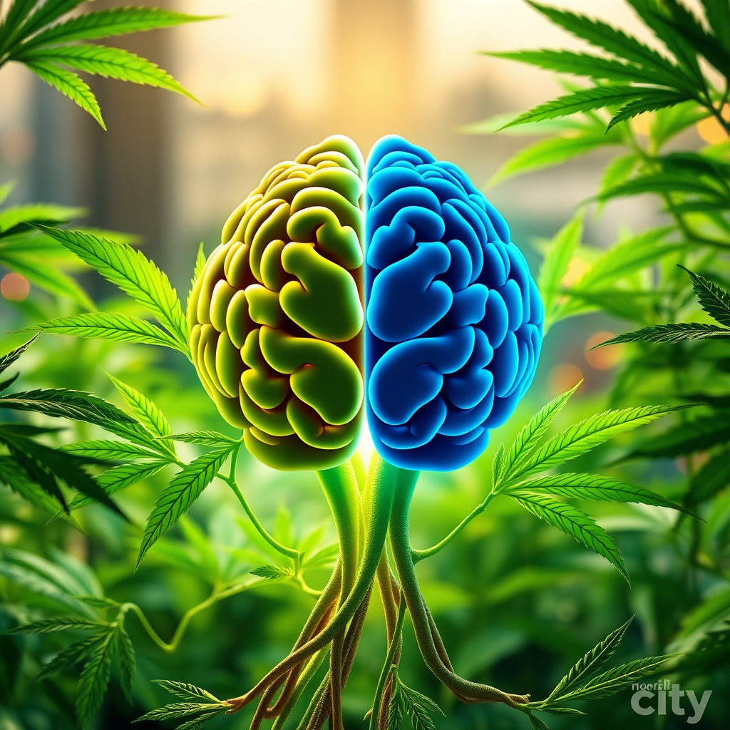 Create a stylized image representing the mission of 'Norfolk City Cannabis Hub' - to explore the science behind cannabis cultivation, specifically comparing organic and synthetic nutrient methods. The image should feature intertwining cannabis roots – one side bright green and robust, representing organic growth, the other side glowing with a subtle blue hue, representing synthetic nutrients. These roots converge into a stylized brain shape, symbolizing research and understanding. The background should be a blurred cityscape of Norfolk, subtly visible through the roots. Lighting should be soft and diffused, creating a sense of harmony and knowledge. Color palette should be mainly greens and blues, with hints of gold to represent the value of informed decision-making. Style reference: Modern scientific illustration, similar to those found in educational infographics. Technical specs: 4K resolution, high quality rendering, emphasizing clarity and visual appeal.