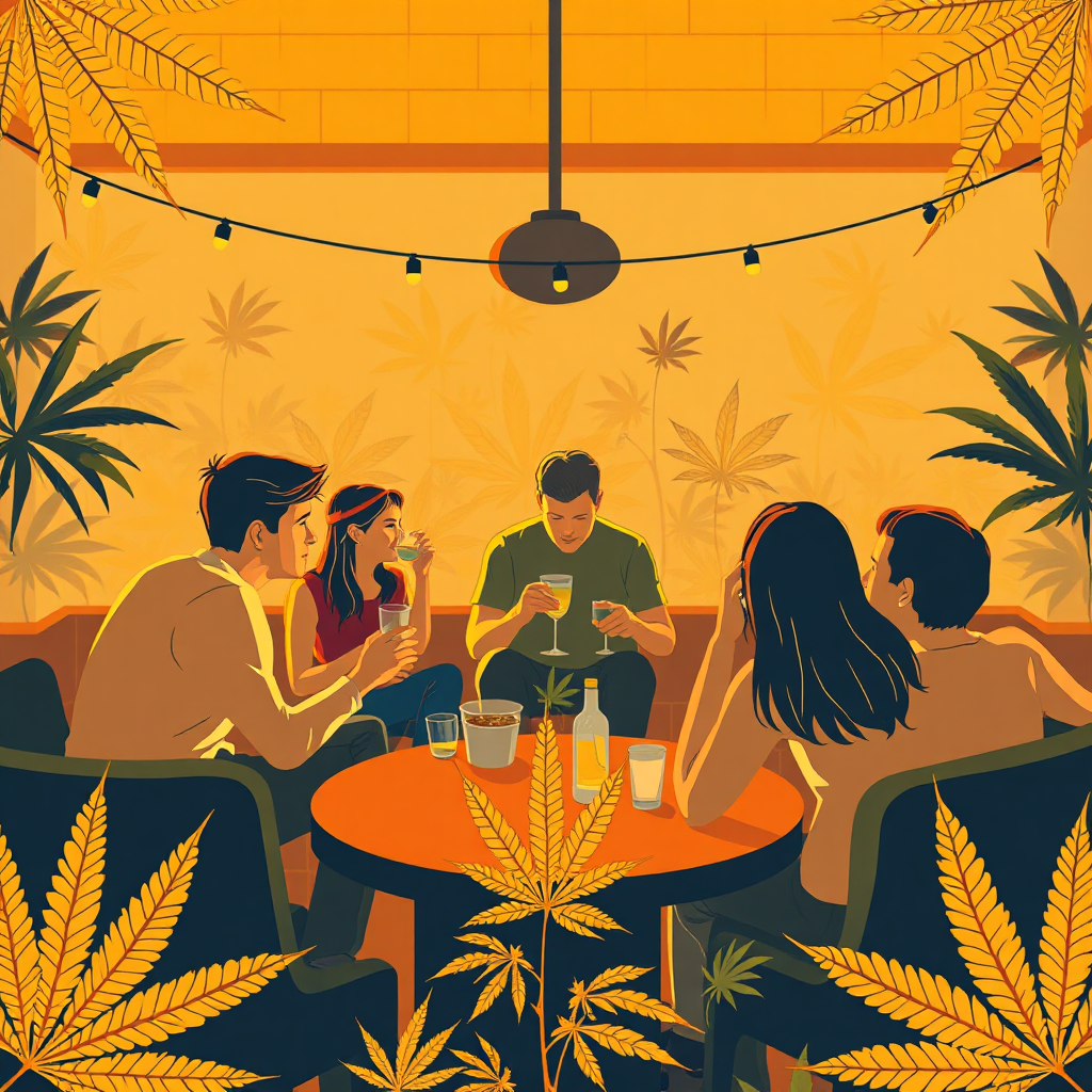 Create a stylized image representing recreational cannabis use in Virginia. The scene should depict a group of adults enjoying cannabis in a responsible and legal manner. The lighting should be relaxed and inviting, using a color palette of oranges and yellows. The camera angle should be wide-angle, capturing the entire scene. Add texture details like stylized cannabis leaves and abstract patterns. The environment should evoke a sense of community and moderation.
