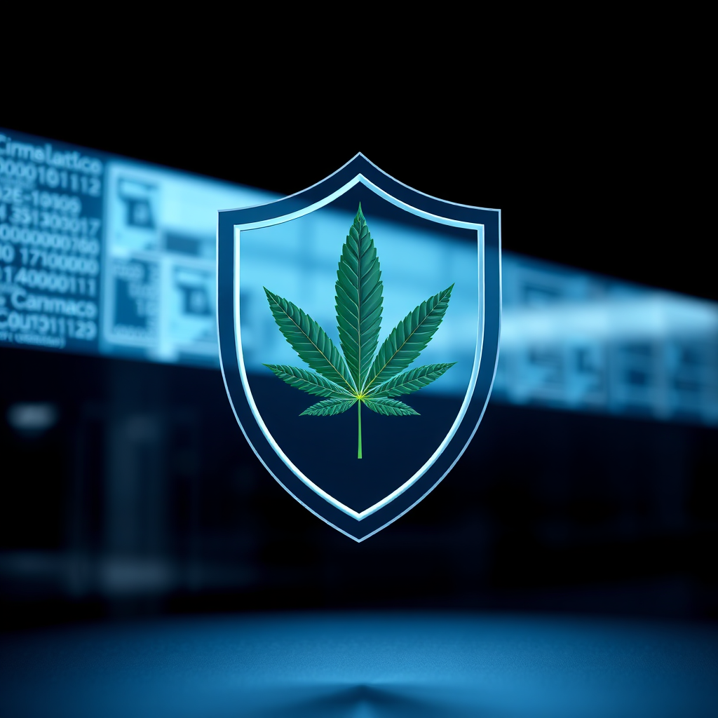 Create a stylized image representing compliance with cannabis regulations in Virginia. The scene should depict a stylized cannabis leaf inside a shield, symbolizing protection and legality. The lighting should be clean and authoritative, using a color palette of blues and silvers. The camera angle should be directly overhead, providing a clear view of the shield. Add texture details like digital code and legal symbols. The environment should evoke a sense of security and trust.