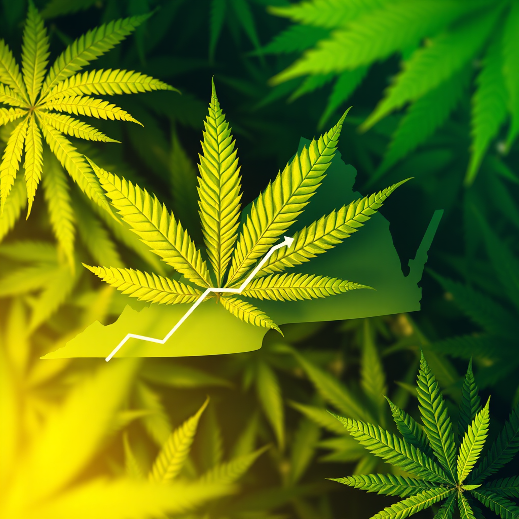 Create a stylized image representing trends in Virginia's recreational cannabis market. The scene should depict a graph showing the growth of cannabis sales, overlaid with stylized cannabis leaves. The lighting should be dynamic and vibrant, using a color palette of greens and yellows. The camera angle should be directly overhead, providing a clear view of the graph. Add texture details like digital data and abstract patterns. The environment should evoke a sense of growth and opportunity.