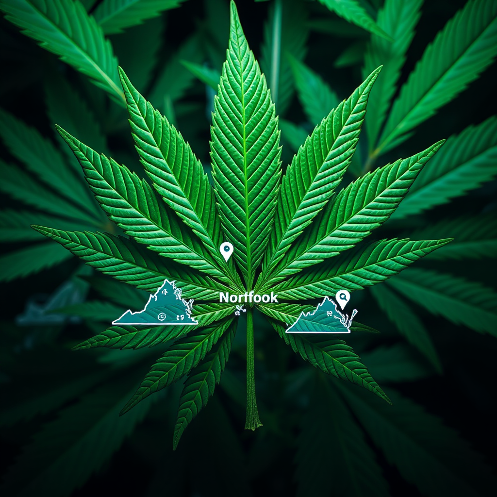 Create a stylized image representing Norfolk City Cannabis Hub's mission of informing the public about Virginia's cannabis laws. The scene should depict a stylized cannabis leaf overlaid with a digital map of Virginia, highlighting Norfolk. Include icons representing medical, recreational, and regulatory aspects of cannabis. The lighting should be bright and informative, using a color palette of greens, blues, and whites. The camera angle should be directly overhead, providing a clear view of the leaf and map. Add texture details like digital circuitry and organic leaf patterns. The environment should evoke a sense of clarity and authority. The style should be modern and minimalist. Technical specs: 4K resolution, high quality rendering.