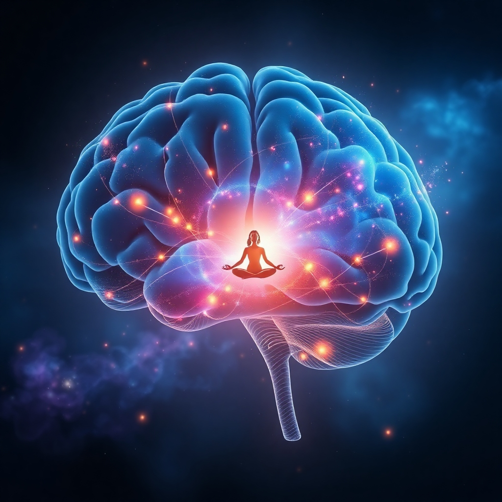 Create a stylized image representing the essence of Unplugged Matrix. Visualize a brain scan, but instead of clinical, it's artistic and vibrant. Within the brain's outline, swirling galaxies and nebulae depict expanding consciousness. Subtle patterns of light mimic DNA strands, glowing with soft, ethereal colors. A figure in a meditative pose is faintly visible within the brain's landscape. The color palette is rich with deep blues, purples, and hints of gold. The overall style should be a blend of scientific visualization and spiritual art, creating a sense of wonder and possibility. Technical specs: 4K resolution, high quality rendering, soft lighting, abstract composition.