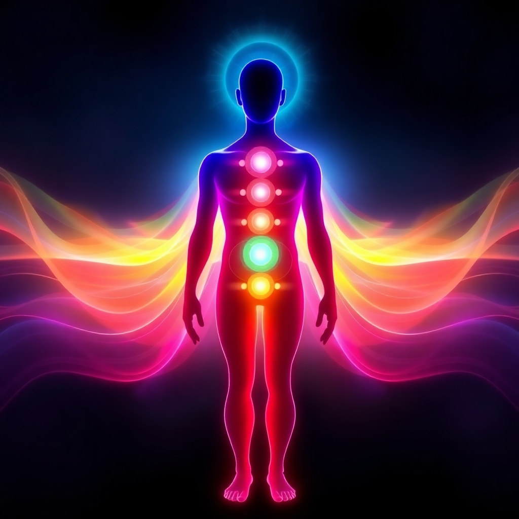 Create a stylized image representing healing frequencies interacting with the human body. Visualize a person's silhouette surrounded by glowing waves of sound frequencies, depicted as vibrant colors. The frequencies should be concentrated around key areas of the body associated with metabolism and stress reduction. The background should be dark and atmospheric. The style should be abstract and energetic. Render in 4K resolution.