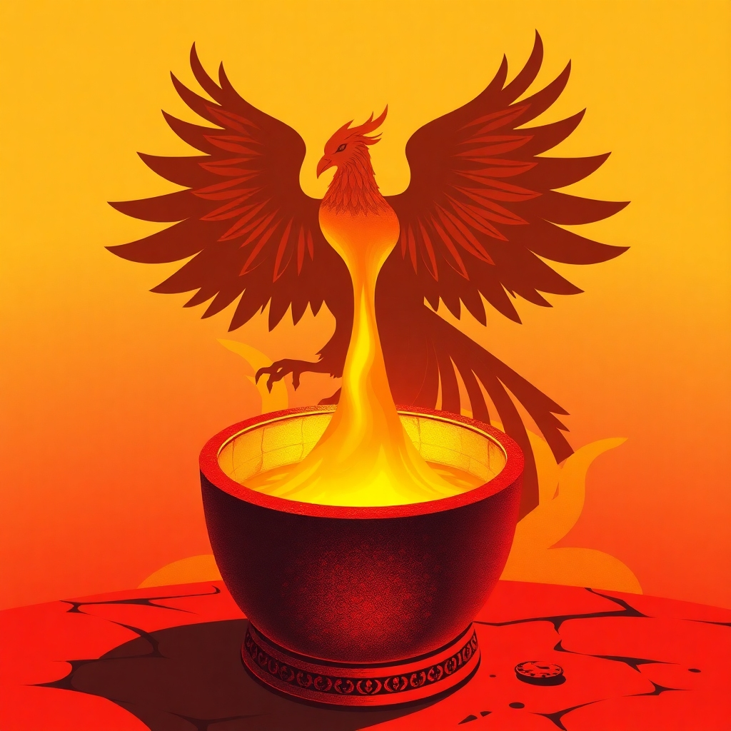 Create a stylized image showing a crucible with molten gold being poured into a mold shaped like a person. The background displays a silhouette of a rising phoenix. The color palette is primarily gold, red, and orange. The camera angle is a medium shot focusing on the crucible and the mold. Style references include alchemical illustrations and images of transformation. The lighting accentuates the heat and purity of the process.