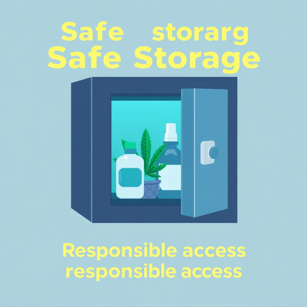 Create a stylized image showing a lockbox containing cannabis products, symbolizing safe storage and responsible access. The lockbox should appear modern and secure. The background should be a clean, minimalist design. The color palette should be calming and reassuring, with blues and greens dominating.