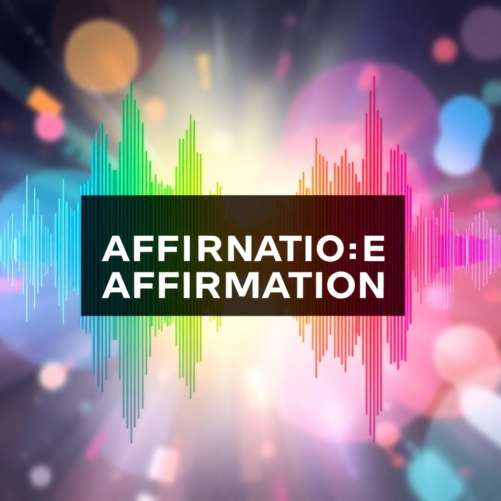 Create a stylized image showing sound waves forming a personalized affirmation message. The sound waves should be vibrant and dynamic, with different colors representing different affirmations. The background should be abstract and futuristic, conveying the idea of personalized technology. Style reference: sound visualization art.