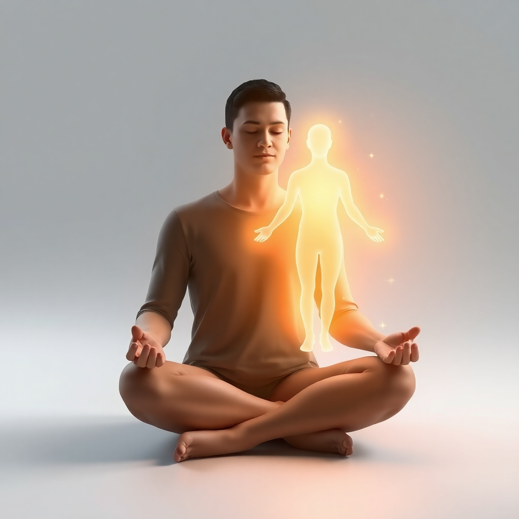 Create a stylized image showing a person meditating, with their mind's eye visualizing a healthy and vibrant version of themselves. The visualization should be depicted as a glowing, ethereal figure superimposed over the person's body. Use soft lighting and calming colors. Render in 4K resolution.