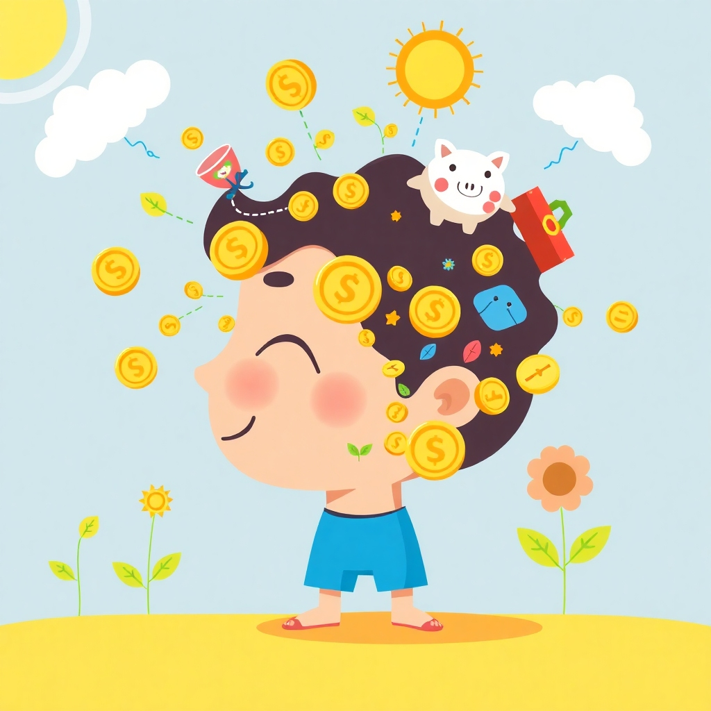 Create a stylized image that depicts a child's mind overflowing with positive thoughts and symbols representing abundance – golden coins, piggy banks, and growing plants.  Bright, positive colors and a friendly art style suitable for children. The image should be bright and colorful. 4K resolution, focus on positive visuals.