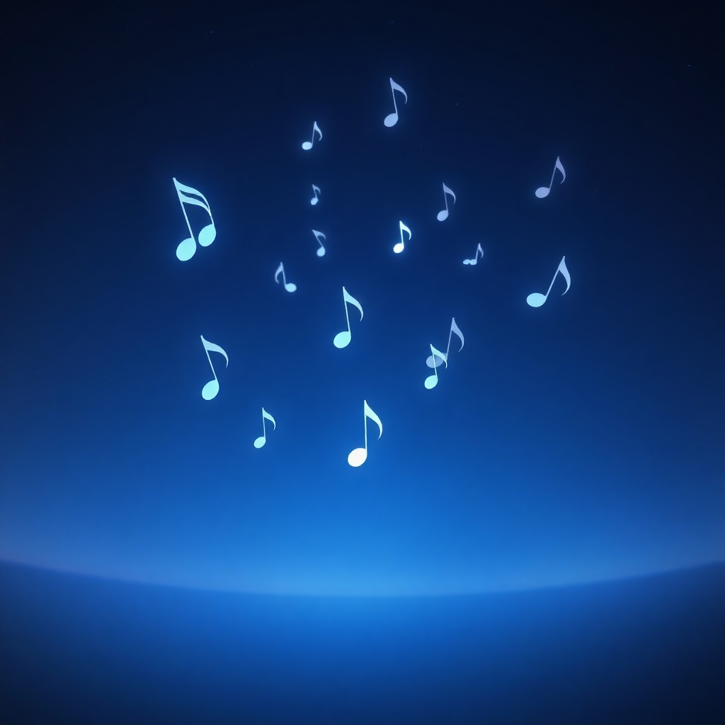 Create a stylized image.  Visualize ethereal musical notes floating in a calm, nighttime sky. The color palette should be dark, yet luminous, with touches of soft blue and purple. The camera angle should be expansive, conveying a sense of spaciousness and tranquility. The image should embody the calming effect of the 777 Hz frequency.
