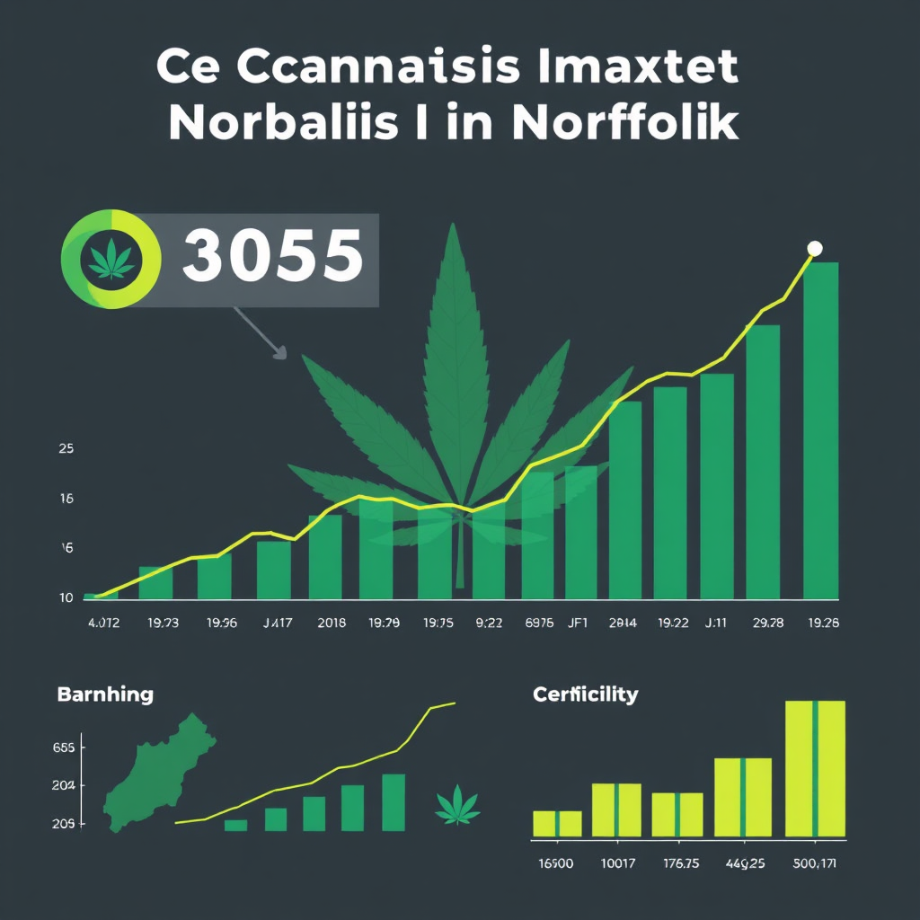 Create a stylized infographic showing the growth of the cannabis market in Norfolk. Use line graphs and bar charts to illustrate market trends. The background should be a modern, minimalist design. The color palette should be vibrant and optimistic, with greens, blues, and yellows. This should feel data-driven and informative.