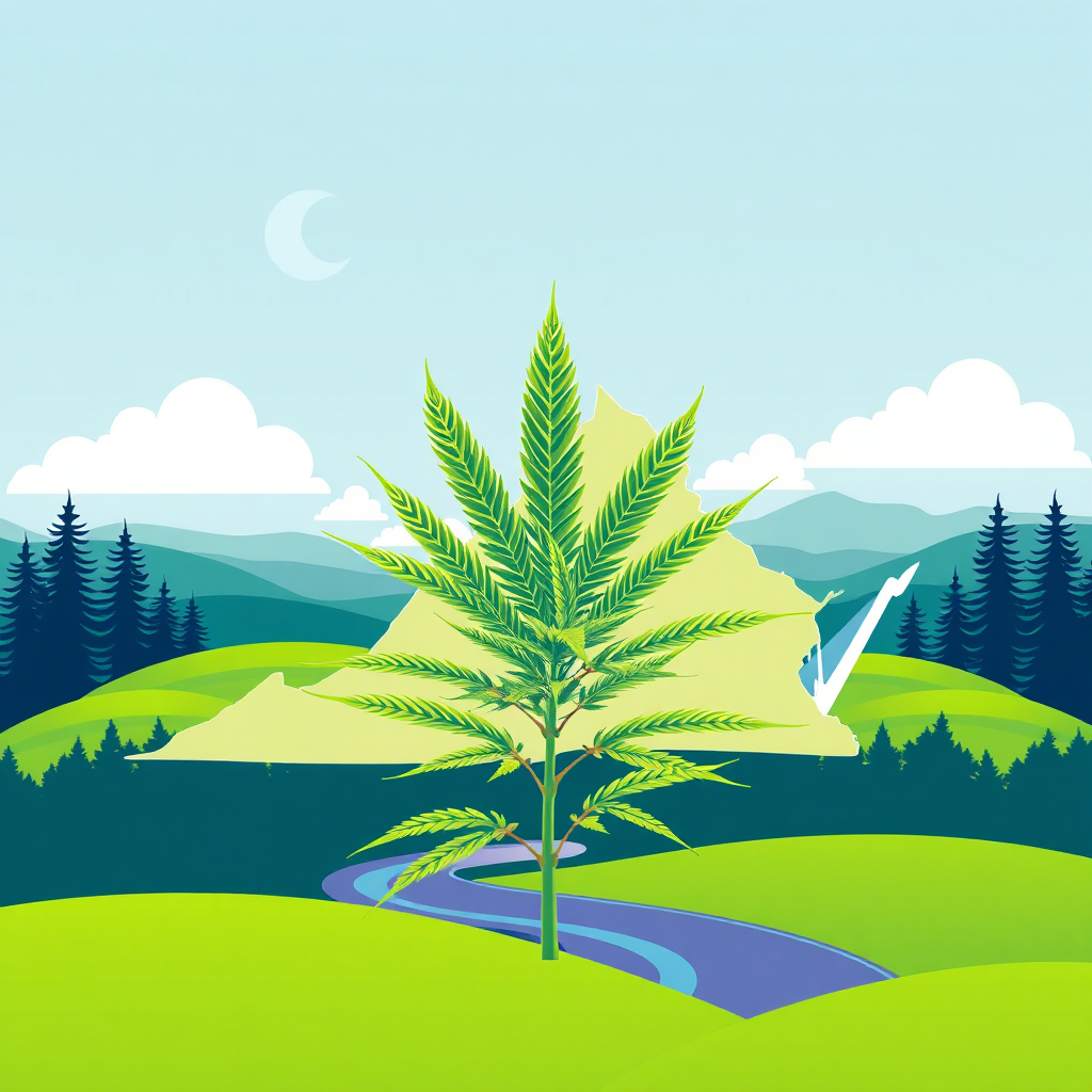 Create a stylized landscape depicting the state of Virginia with a cannabis plant growing prominently in the center. The image should be bright and inviting, using greens and blues to convey growth and tranquility. Incorporate subtle legal symbols in the background. The style should be modern and clean, similar to a travel poster. 4K resolution.