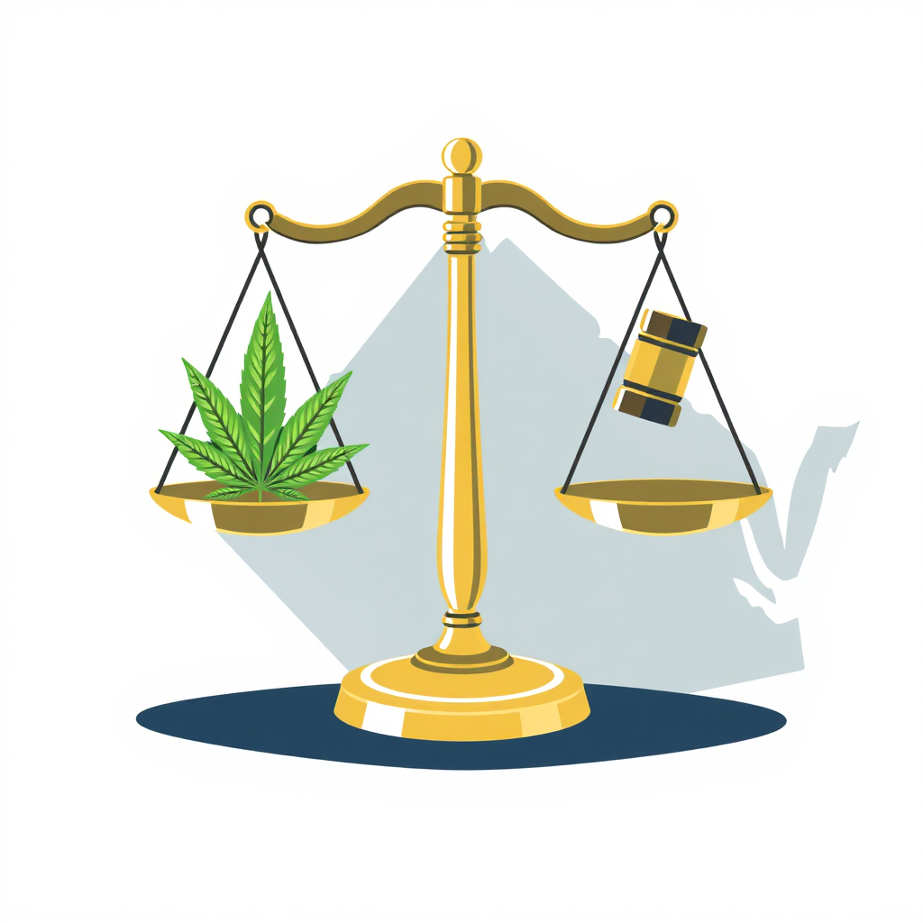Create a stylized vector illustration showing the scales of justice balanced with cannabis leaves on one side and a gavel on the other. The background should be a simplified map of Virginia. The color palette should use greens, blues, and grays to convey balance and legality. The style should be clean and modern, resembling an infographic. 4K resolution.