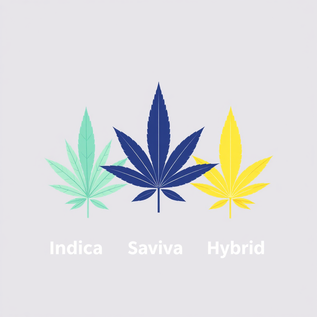 Create a stylized visual representation of Indica, Sativa, and hybrid cannabis strains. Each strain should be represented by a unique color and shape. The background should be a clean, minimalist design. The color palette should be vibrant and distinct for each strain, with cool blues and purples for Indica, warm yellows and oranges for Sativa, and a blend for hybrids.