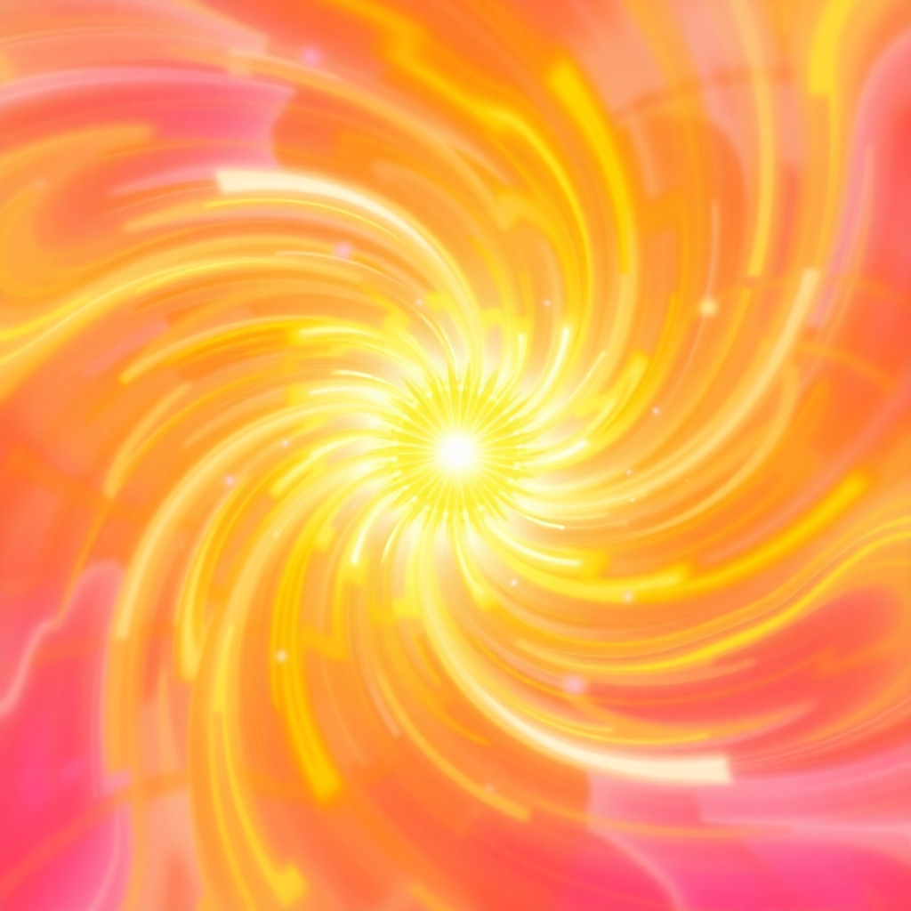 Create a vibrant, colorful image representing vibrational energy. Imagine swirling patterns of light and color emanating from a central point. The image should convey a sense of energy, harmony, and positive transformation. Color palette: warm oranges, yellows, and pinks. Style: abstract, energetic. Technical Specs: 4K resolution, high quality rendering, soft lighting.