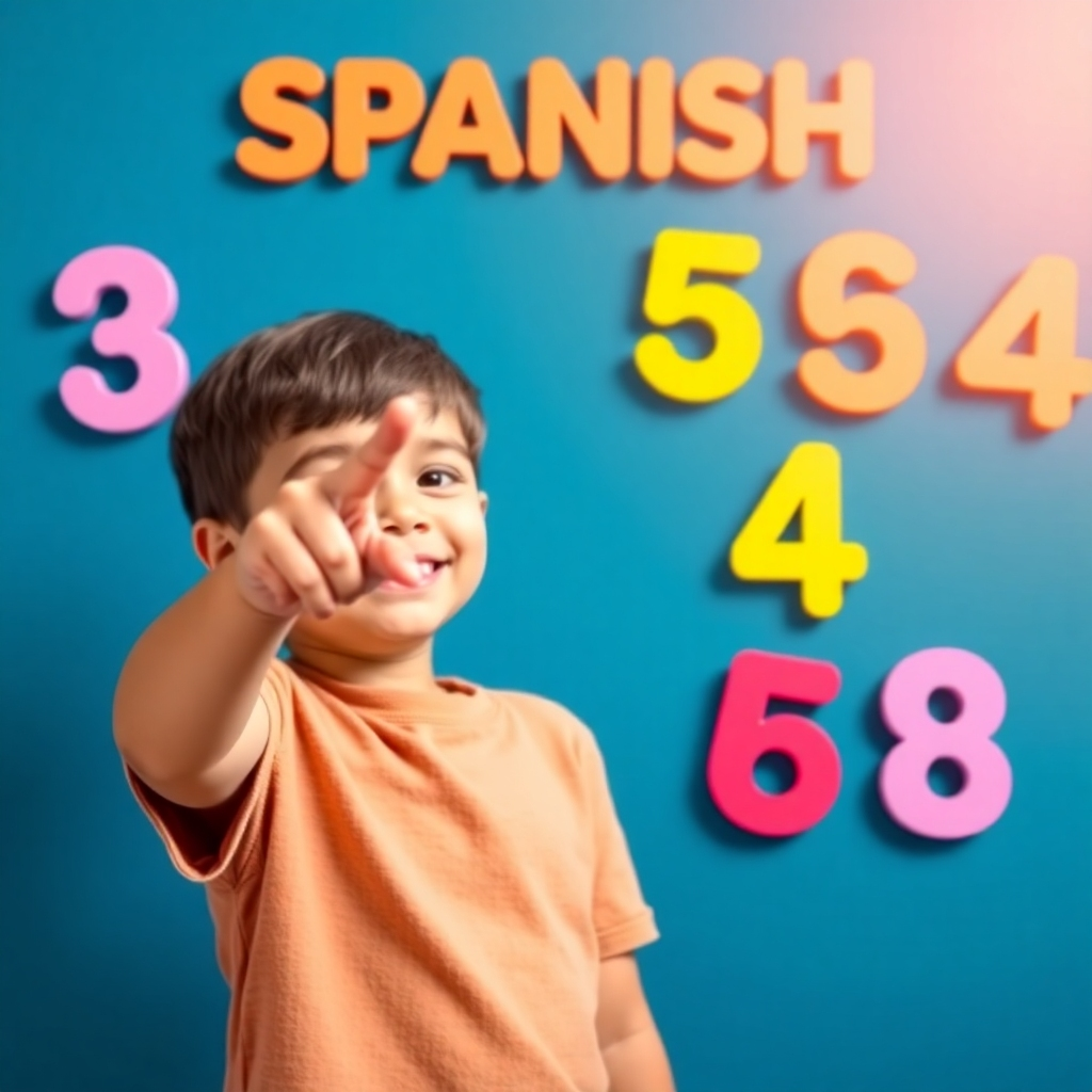 Create a vibrant image of a child confidently pointing at Spanish numbers, feeling positive and empowered, bright, cheerful atmosphere