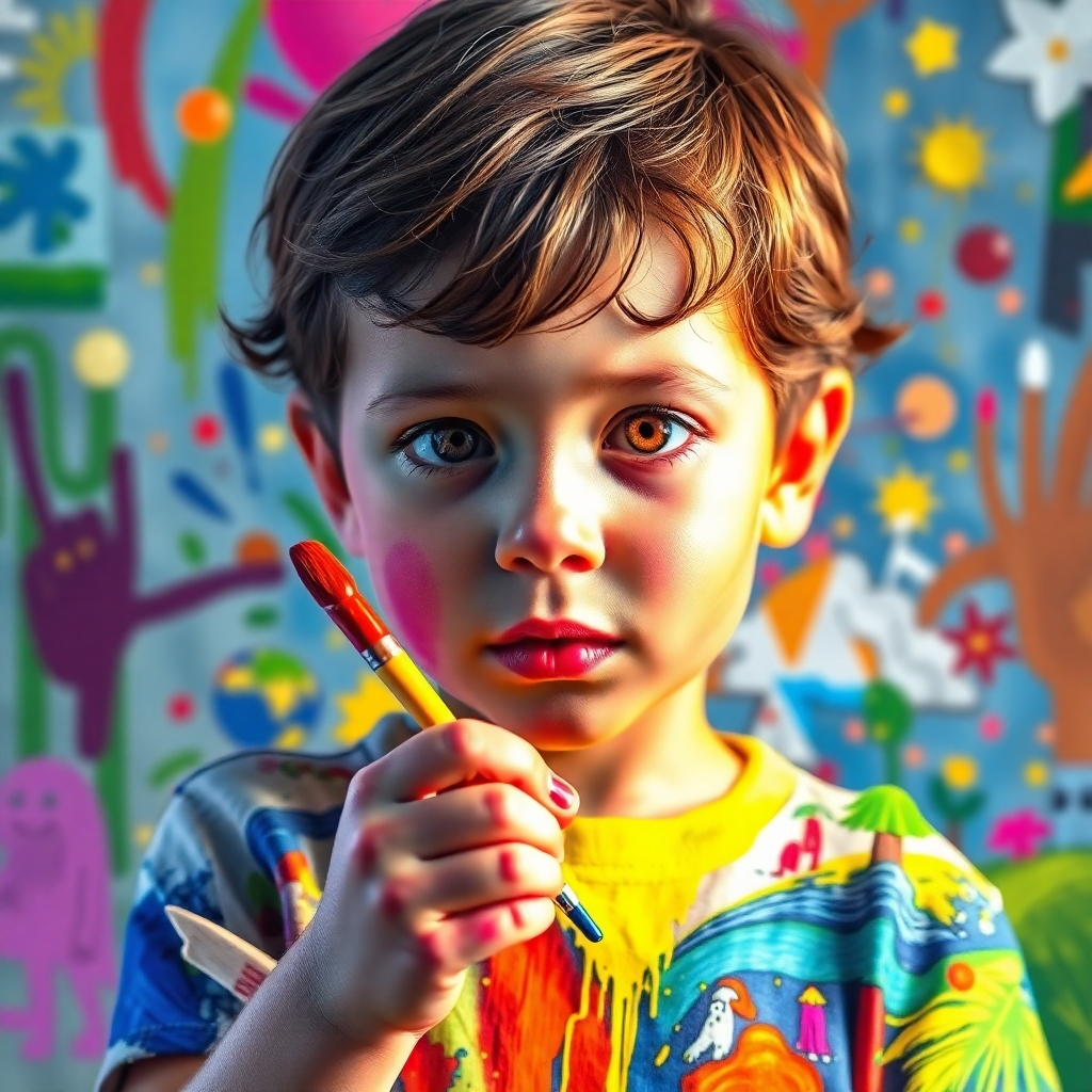 Create a visual metaphor of a child painting a vibrant and beautiful world. The colors and details of the world reflect their inner thoughts and desires. Use bright, optimistic colors and a sense of creation in 4K.