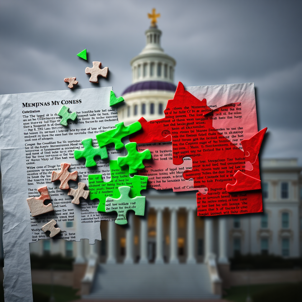 Create a visual representation of the new CBD laws in Virginia. The image should depict a fractured legal document with pieces scattered like a puzzle. Some pieces are highlighted in bright green, representing compliant aspects, while others are in dark red, signifying restrictions. The background should be a blurred image of the Virginia State Capitol. Lighting should be dramatic, with sharp contrasts. Camera angle: Overhead view. Style: Abstract and conceptual. Technical specs: 4K resolution, high quality.